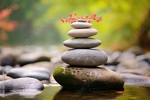A tranquil Zen garden with stones stacked in a meditative balance , balance life and health concept 