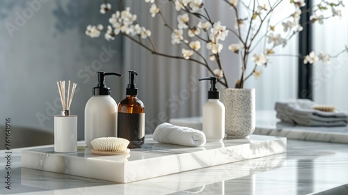 Cosmetics bottlesle countertop in modern bathroom  closeup