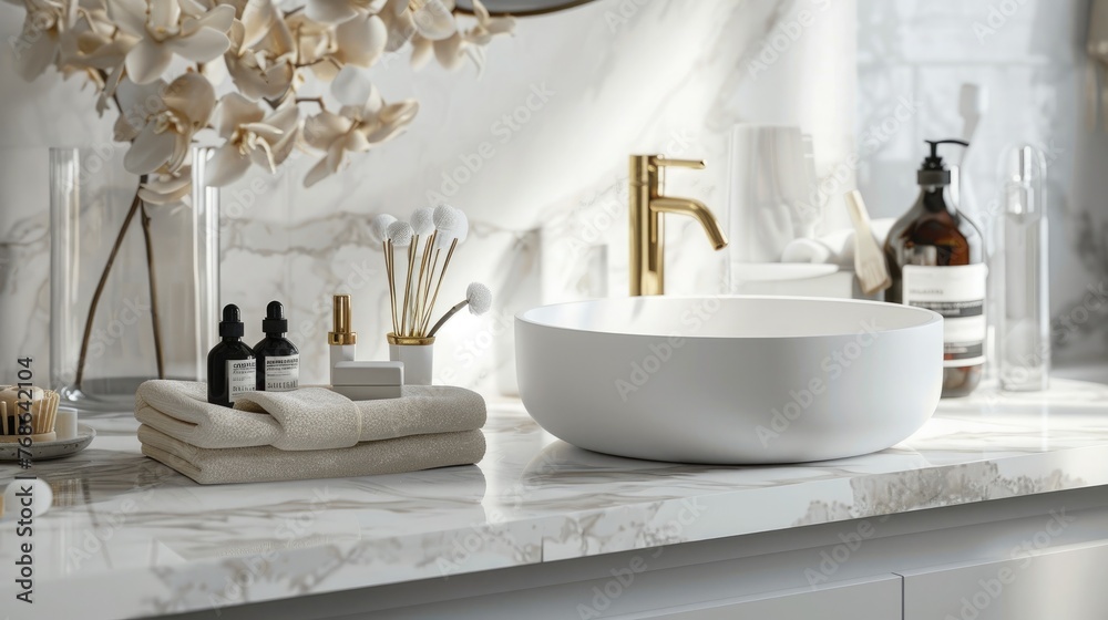 Cosmetics bottlesle countertop in modern bathroom, closeup Cosmetics bottlesle countertop in modern bathroom, closeup
