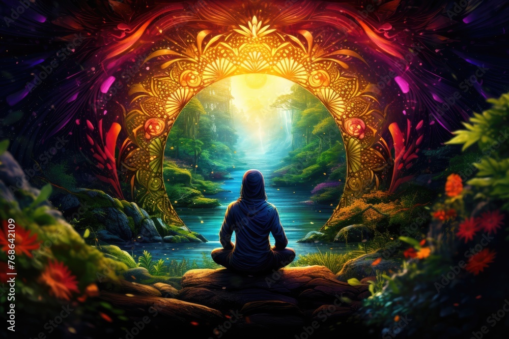A vibrant mandala surrounding a meditating figure in nature
