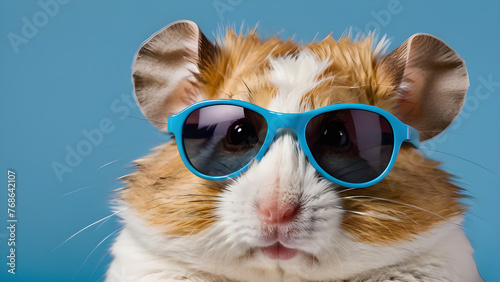 a hamster in sunglasses on a light blue background