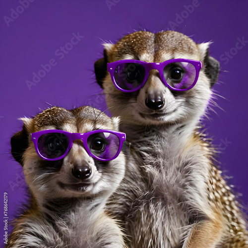 friends on vacation, two meerkats in sunglasses on a purple background