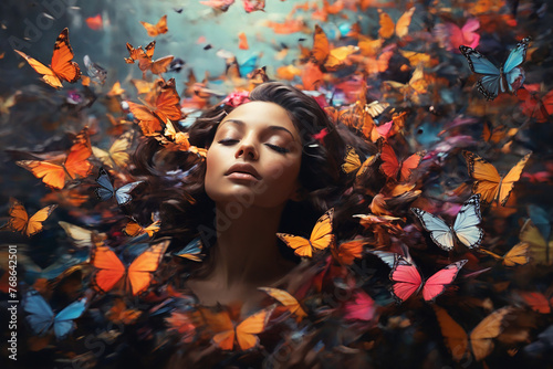 Beautiful young woman with butterflies in her hair. Beauty, fashion. © Юлия Васильева