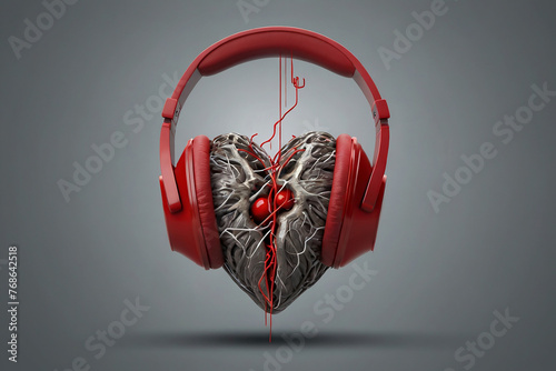 Human heart enjoying music with red headphones. 3D illustration. photo