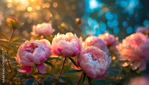 Peonies and butterflies. Summer garden in the rays of the setting sun photo