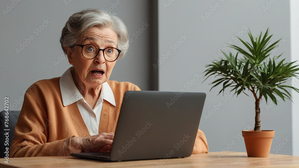Surprised senior woman in eyeglasses using laptop at home