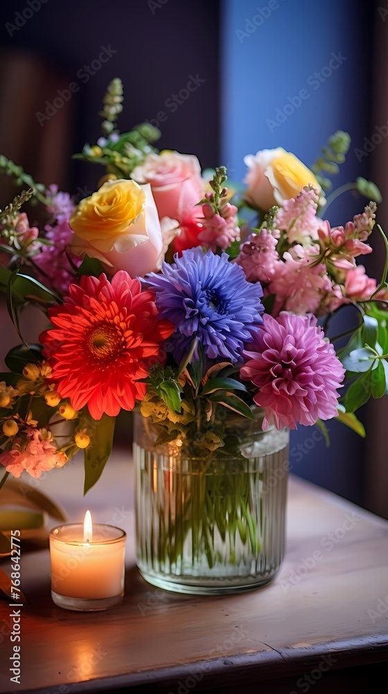 A small, colorful bouquet of flowers in a vase next to a scented candle, creating a simple yet beautiful display A small, colorful bouquet of flowers in a vase next to a scented candle, creating a simple yet beautiful display