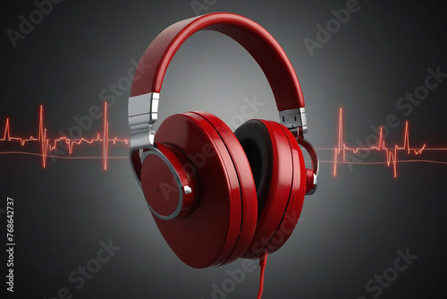 3d rendering of red headphones with heart beat on black background. photo