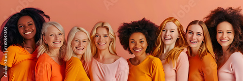 Group portrait of six beautiful ladies with different skin and hair color