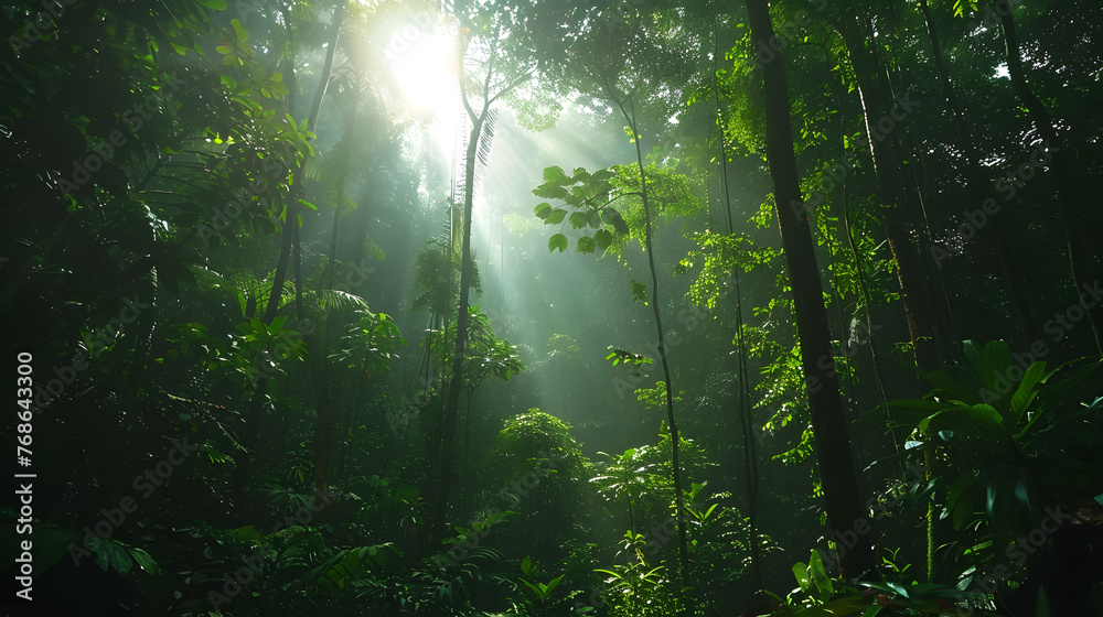 The sunlight filters through the dense foliage of the jungle, illuminating the towering trees and lush vegetation in a mesmerizing natural landscape