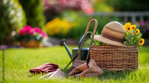 Gardening tools in the garden, harvest season, planting flowers and plants, gardening culture and lifestyle