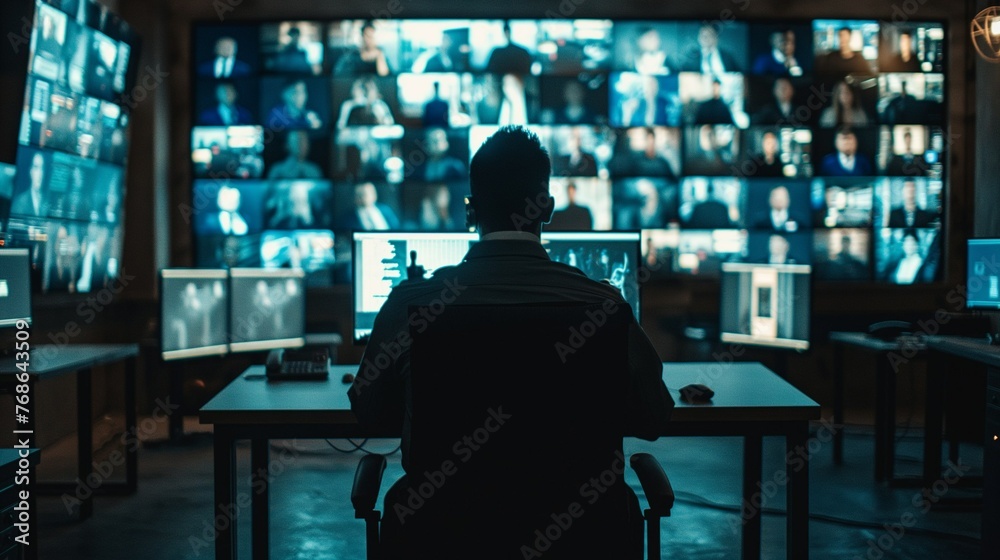 A security guard or an employee of the security services sits in a room with many monitors from surveillance cameras A security guard or an employee of the security services sits in a room with many monitors from surveillance cameras