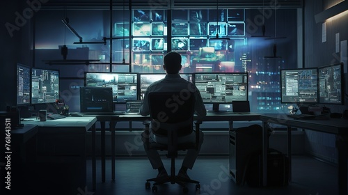 A security guard or an employee of the security services sits in a room with many monitors from surveillance cameras