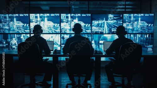Security guards or security personnel are sitting in a room with a lot of monitors from surveillance cameras