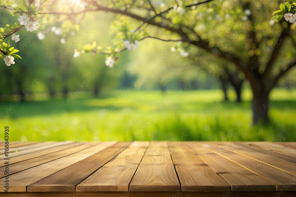 A close up of a wooden table with a tree in the background. Spring background. A close up of a wooden table with a tree in the background. Spring background.