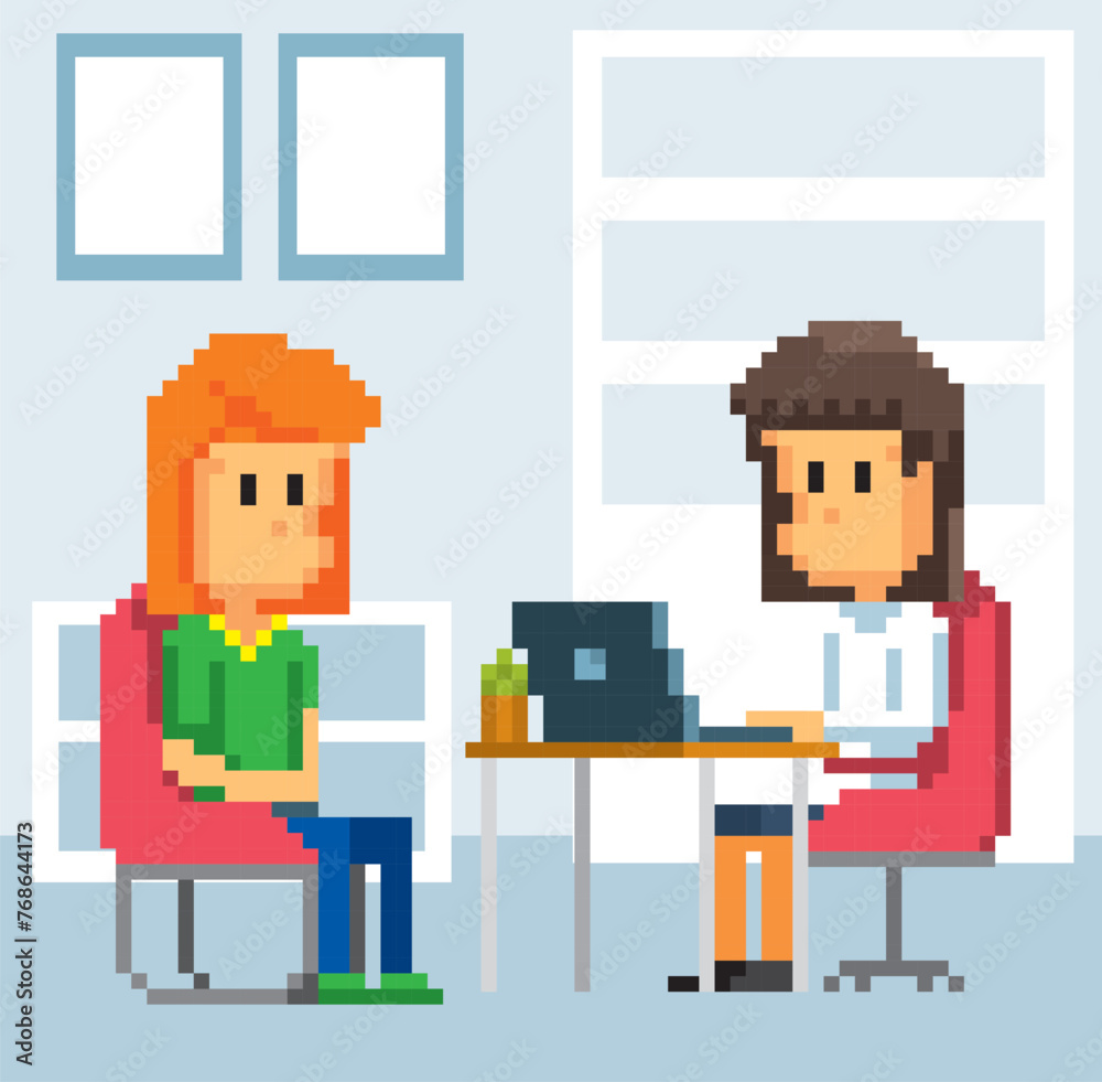 Obraz premium Doctor and patient. 8-bit sprite. isolated vector illustration. Design for stickers, logo, embroidery, mobile app.