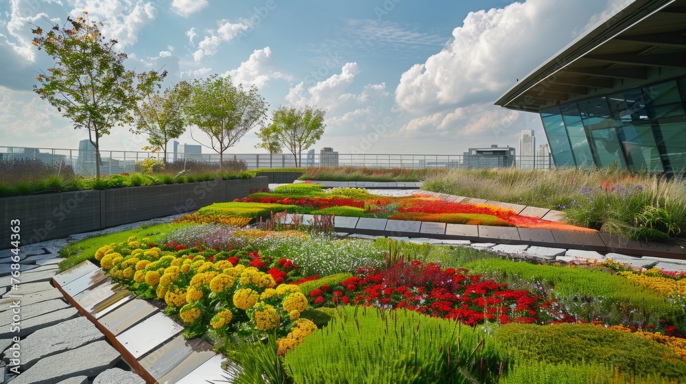 Fototapeta premium Diverse Plants and Flowers on Green Roof