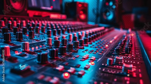 Professional Sound studio scene. Intricate audio equipment, Audio mixing console in a streaming