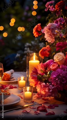 A romantic dinner setting with a scented candle flickering in the center of the table, surrounded by colorful flowers