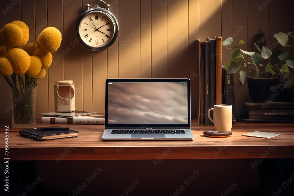 A laptop on a wooden surface, surrounded by a few essential items, creating a balanced and visually appealing composition in a well-lit setting. A laptop on a wooden surface, surrounded by a few essential items, creating a balanced and visually appealing composition in a well-lit setting.