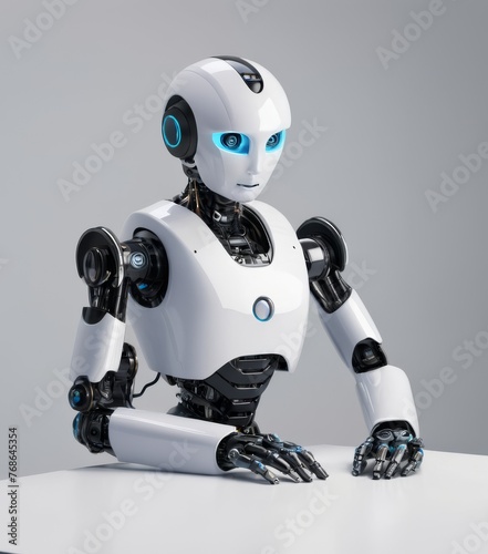 A sophisticated humanoid robot seated against a gray background, its blue eyes and intricate joints highlighting advanced technology and artificial intelligence. AI generation