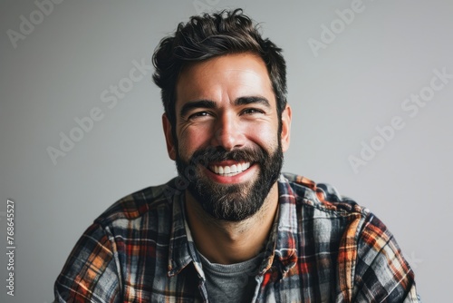 Portrait of a smiling young man in a plaid shirt. © Inigo