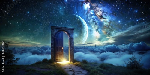 Doorway leading into an otherworldly nebula clouds - Surreal landscape of a standalone door opening to a celestial nebula amidst clouds at twilight