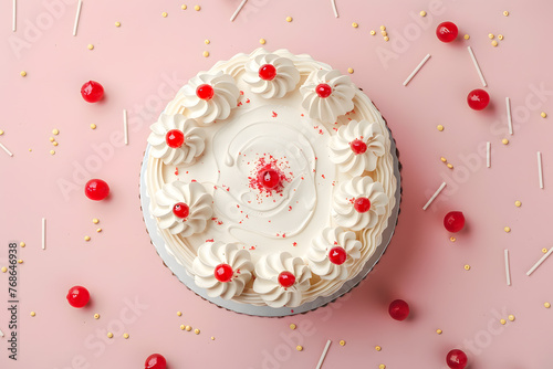 Cake with white whipped cream and colorful sprinkles. Top view isolated on pile pink background