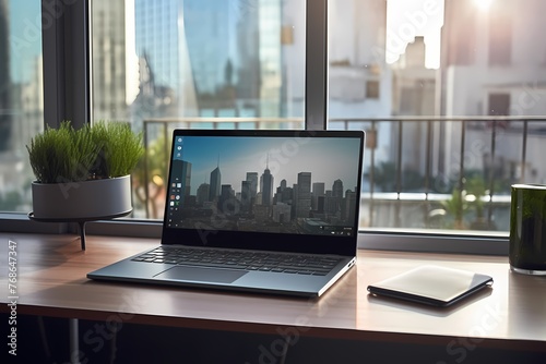 A laptop on a sleek table, positioned near a window, with the natural light creating a visually pleasing and inviting workspace in high definition.
