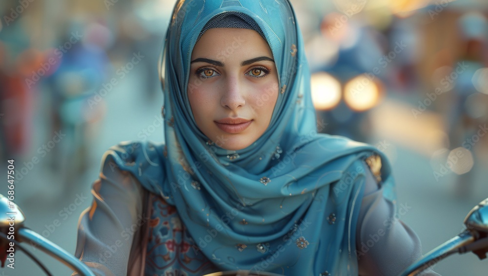 Elegant Woman in Embellished Hijab on City Streets while sitting on a bike Elegant Woman in Embellished Hijab on City Streets while sitting on a bike