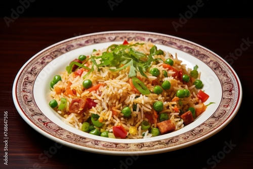 Tasty fried rice on a ceramic tile against a painted brick background