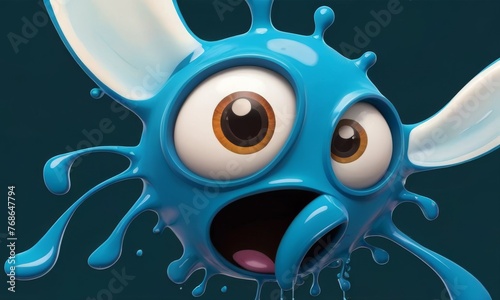 A whimsical 3D rendering of a spherical blue creature with wide, innocent eyes and a gaping mouth, giving off a surprised and cute appearance. AI generation