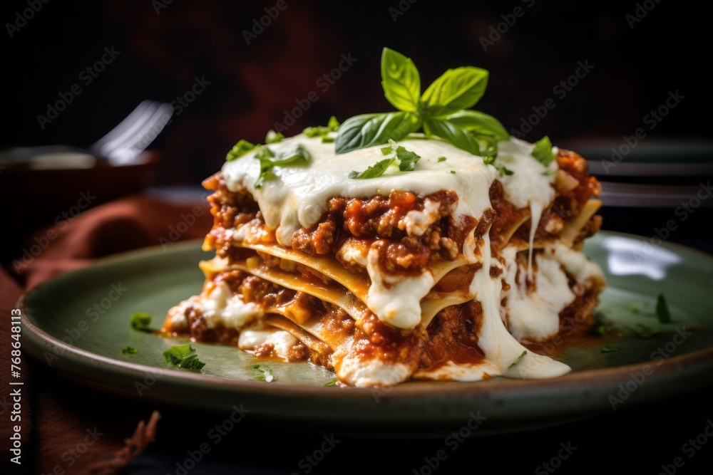 Juicy lasagna on a porcelain platter against a painted brick background Juicy lasagna on a porcelain platter against a painted brick background