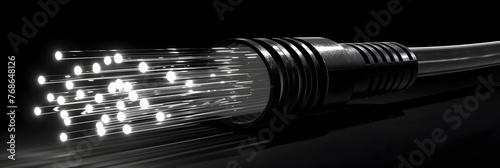 Optic Fiber Cable Connection Symbolizing the Essence,
Closeup photo of a halfcut fiber optic wire with white lights
 photo
