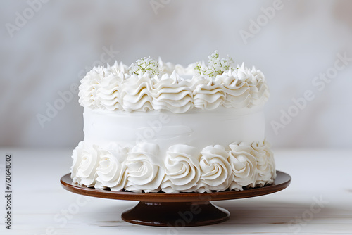Side view white birthday or wedding cake with white whipped cream mock up isolated on white background