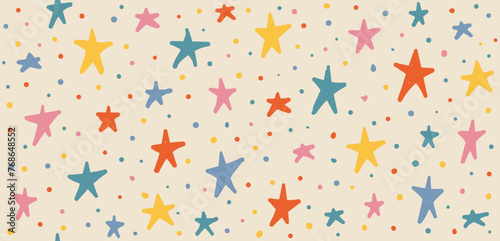 Stars hand drawn Y2K naive seamless pattern. Vector colorful doodle funny confetti background in 70s groovy style
