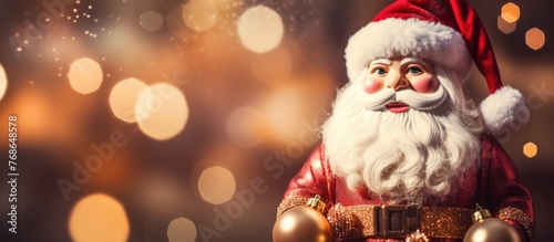 A close-up view of a Santa Claus figurine holding a card with the text NIKOLAUS in his hands. The figurine is detailed and colorful, showcasing Santas iconic attire and joyful expression.