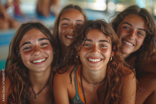 Four teenage girls with sun-kissed freckles smiling warmly, sharing a moment of friendship