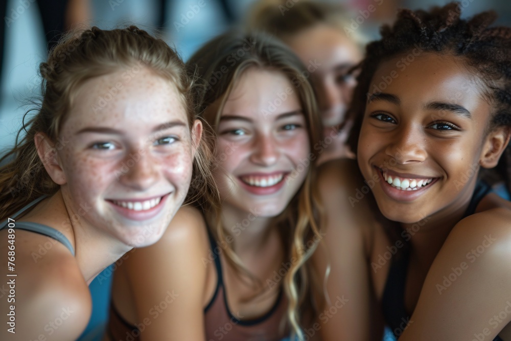 Diverse Dance Classmates Sharing a Giggle. Close-up of four exuberant young dancers enjoying a light-hearted moment together Diverse Dance Classmates Sharing a Giggle. Close-up of four exuberant young dancers enjoying a light-hearted moment together