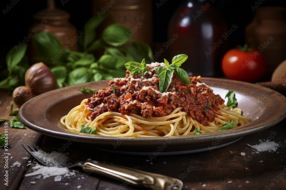 Hearty spaghetti bolognese on a rustic plate against a painted brick background Hearty spaghetti bolognese on a rustic plate against a painted brick background