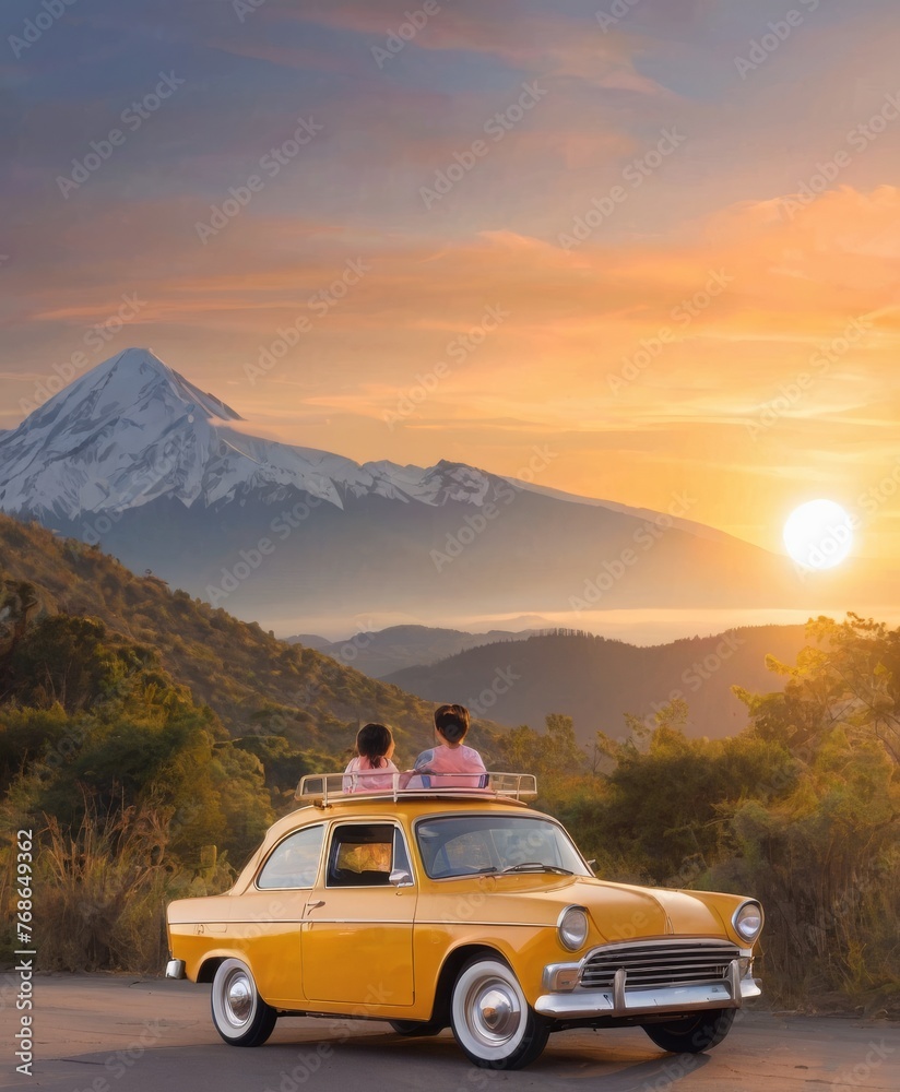 Two people sit atop a vintage sedan, enjoying the majestic mountain view at sunset. The classic vehicle provides a charming foreground to the breathtaking scene. AI generation