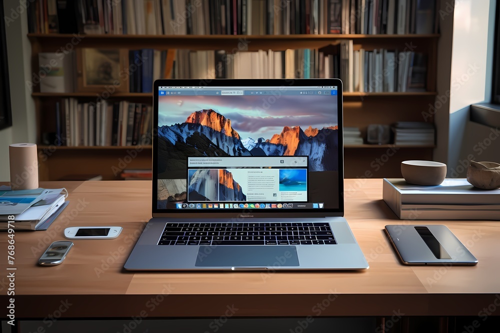 A high-definition view of a laptop, strategically placed on a clean desk, capturing the essence of a functional and organized workspace. A high-definition view of a laptop, strategically placed on a clean desk, capturing the essence of a functional and organized workspace.