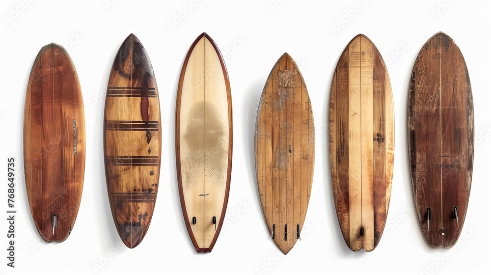 Vintage wooden surfboards in different styles, isolated on white background. Clipping path included for easy editing. - obrazy, fototapety, plakaty 