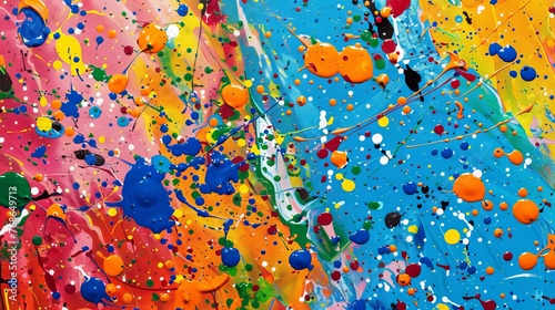 Vibrant paint splattered across the canvas, creating an abstract artwork.