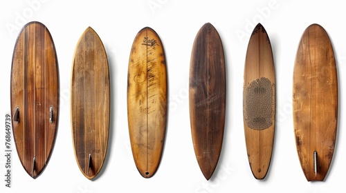 Vintage wooden surfboards in different styles, isolated on white background. Clipping path included for easy editing.