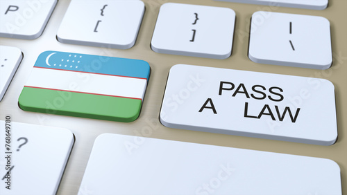 Uzbekistan Country National Flag and Pass a Law Text on Button 3D Illustration