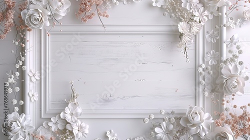 White wood backdrop with a frame adorned with flowers  top angle with room for text