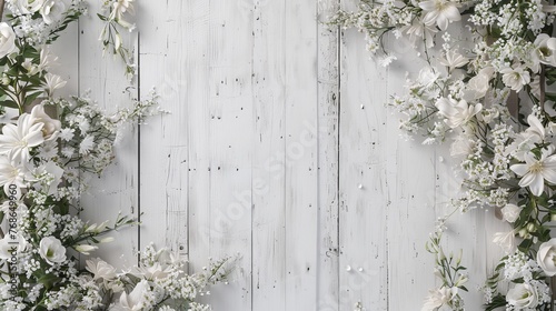 White wood backdrop with a frame adorned with flowers; top angle with room for text