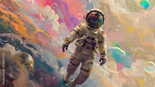 Beautiful painting of an astronaut in in a colorful bubbles galaxy on a different planet. Generative AI. Pop art concept