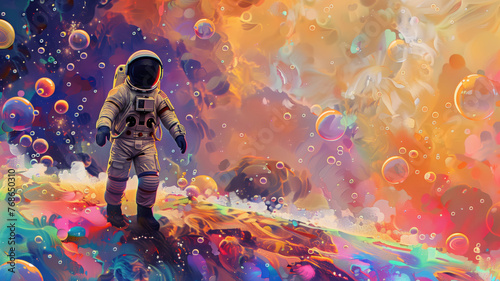 Beautiful painting of an astronaut in in a colorful bubbles galaxy on a different planet. Generative AI. Pop art concept